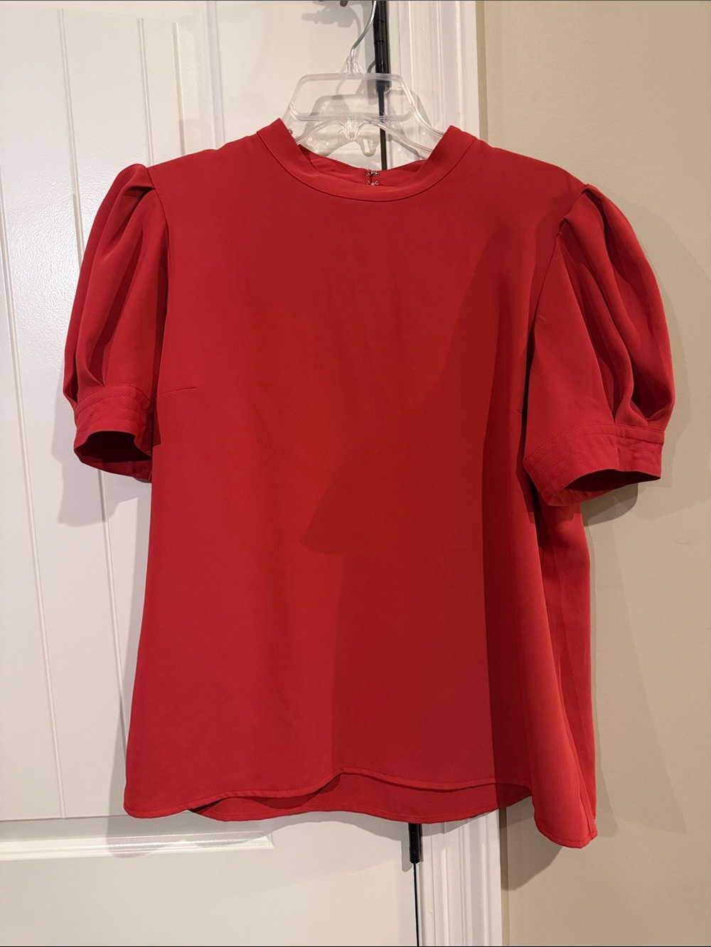 Express Red Puff-Sleeve Blouse with Crewneck